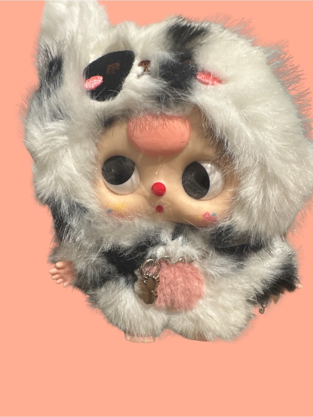 Baby three Cute Fuzzy Black & White Plush Doll with Pink Accent